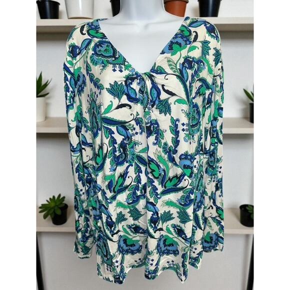 Liz Claiborne 3X Top Blue Green Pretty Paisley Floral V-Neck Stretch Long Sleeve - Picture 2 of 4